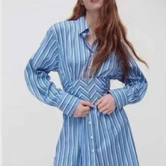 Zara Blue and White Striped Long-Sleeve Shirt Dress - Picture 1 of 6
